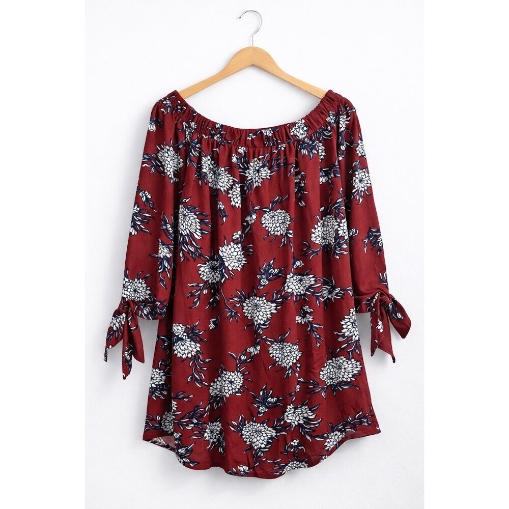 Women Floral Off Shoulder Tunic Blouse Burgundy 3/4 Tie Sleeve Size M